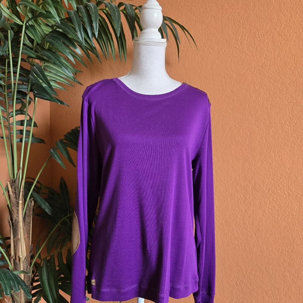 NWT Lauren Ralph Lauren Long Sleeve Tee Shirt Purple Brown Leather Patches Large